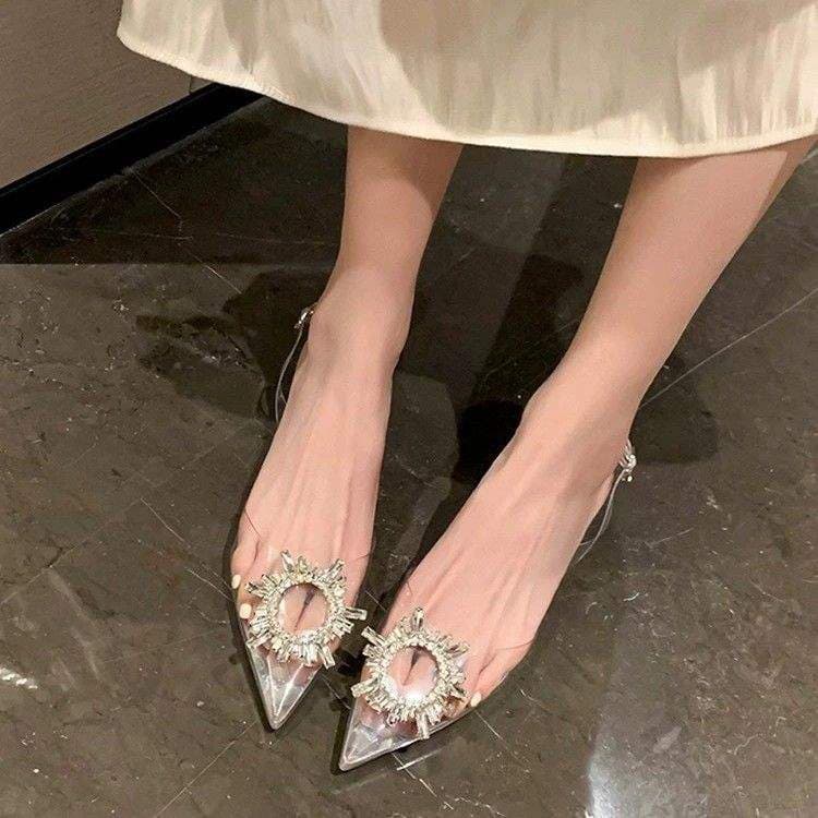 Beautiful Rhinestone Transparent Toe-Cap Sandals, Flat High-Heeled Shoes, Fairy-Like Shoes to Match Dresses, Silver Crystal Wedding Shoes, Pointed-Toe Single Shoes