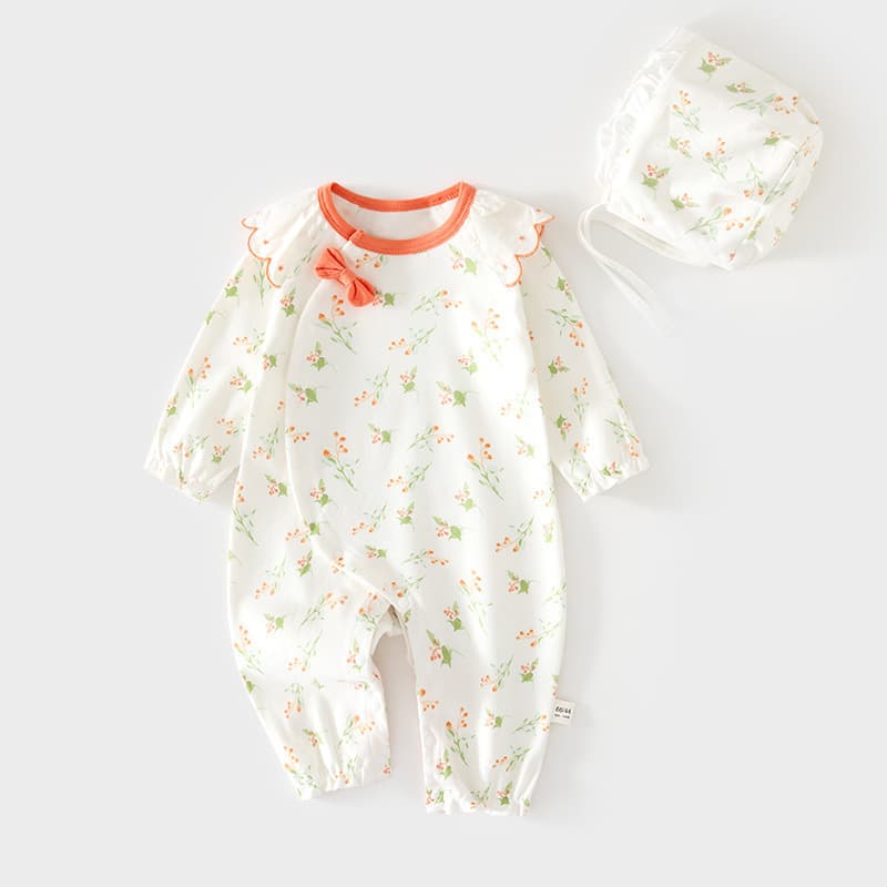 Baby Girl Romper Newborn Seamless Spring and Autumn Pure Cotton Jumpsuit with Hat Infant Toddler Clothing Crawling Suit
