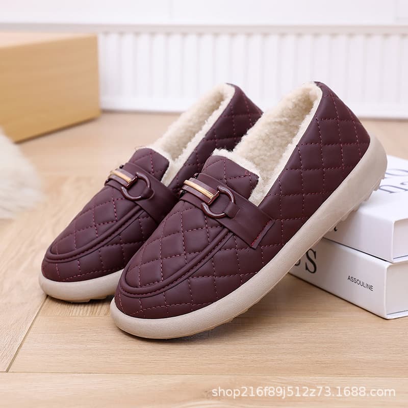 Winter Women's Cotton Shoes, Comfortable, Non-Slip, Soft Sole, Fleece-Lined, Warm, Casual, Beanie Cotton Shoes, PU Upper, Waterproof, Thick Sole, Mother's Shoes