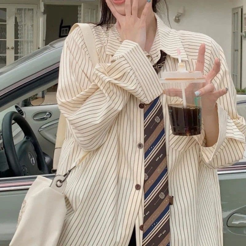Shirt Japanese women's retro raglan sleeve top loose new striped long-sleeved spring and autumn temperament long-sleeved shirt versatile