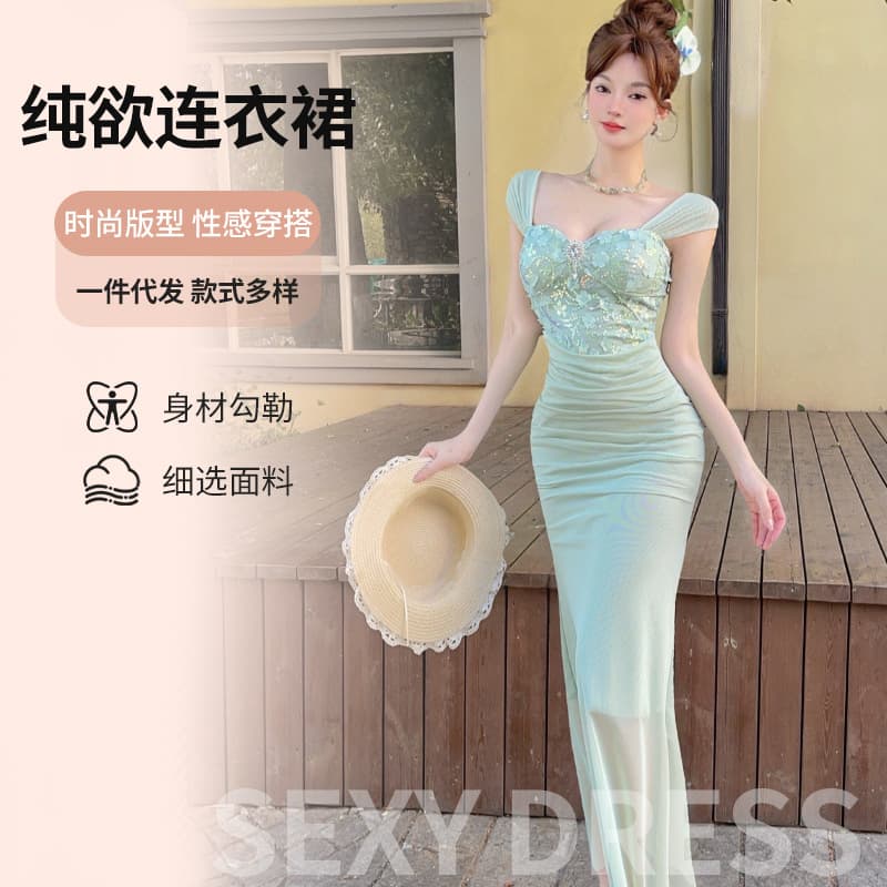 Sexy Slim Fit Lace Mesh Panel Long Bodycon Dress