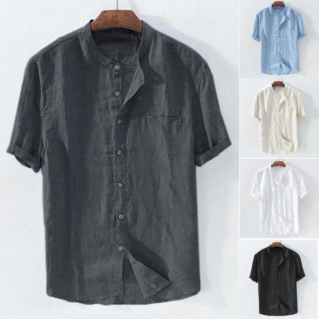 2025 European and American Men's Short-Sleeved Loose Summer Thin Breathable Stand-Up Collar Shirts Men's Beach Casual Shirts In Stock