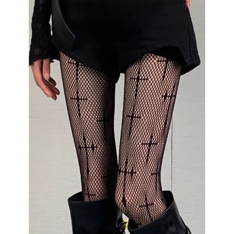 Black Cross Fishnet Stockings Sweet Spicy Pure Y2K Punk Retro Hot Girl Fishnet Stockings Niche Subculture Black Pantyhose