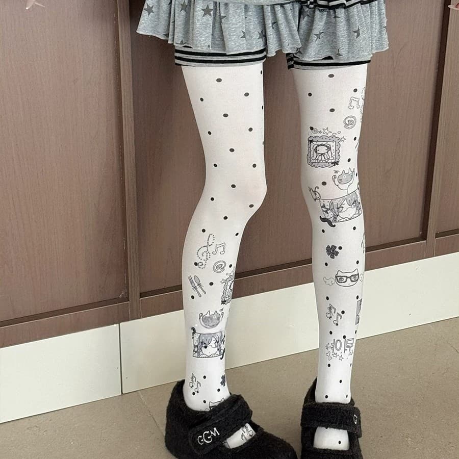 New Polka Dot Y2K Cute Cartoon Print Tights Graffiti Hot Girl Polka Dot Sheer Stockings