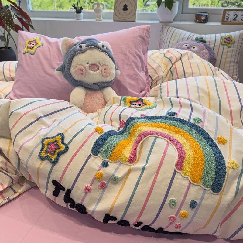 Ins-style dopamine rainbow towel embroidery four-piece set, all-cotton pure cotton new design, girly comforter cover and sheets three-piece set