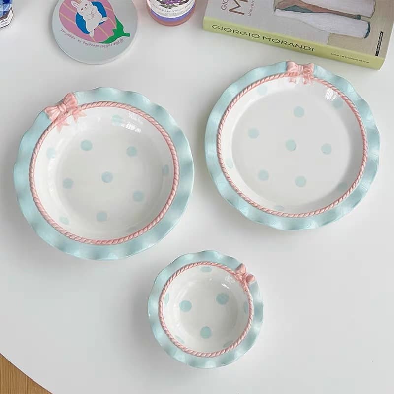 Korean-style Bow Ceramic Dinnerware Polka Dot Girl's Heart Home Bowls Plates Ins High Appearance Dessert Plate Breakfast