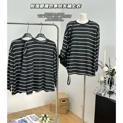 2025 Lazy Loose Slimming Long Sleeve Striped T-Shirt Women