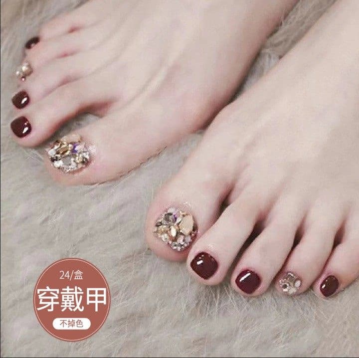 JZ-039 Wearable Manicure Nail Pieces Wholesale Cherry Full Diamond Waterproof Short Foot Nails Removable Nail Patch