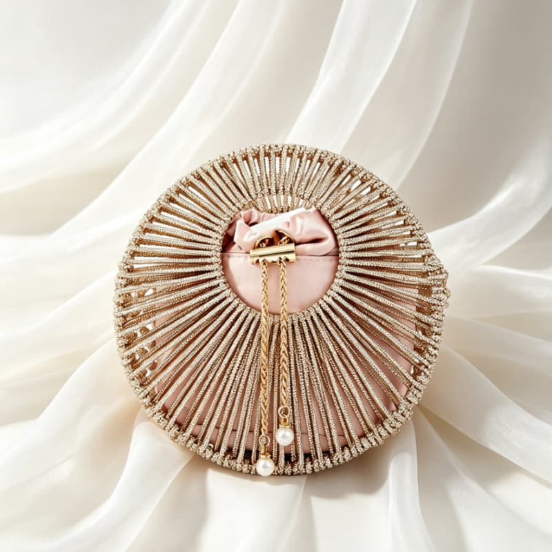 Hollow-out Vintage Silver Circle Handbag High-end Design Luxury Evening Bag Sparkling Diamond Rhinestone