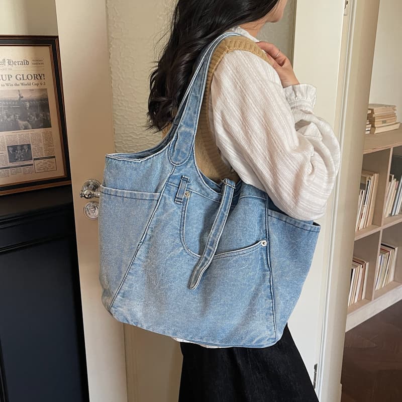 New Korean Style Ins Trendy Versatile Belt Buckle Underarm Bag Tote Bag Washed Blue Black Shoulder Bag