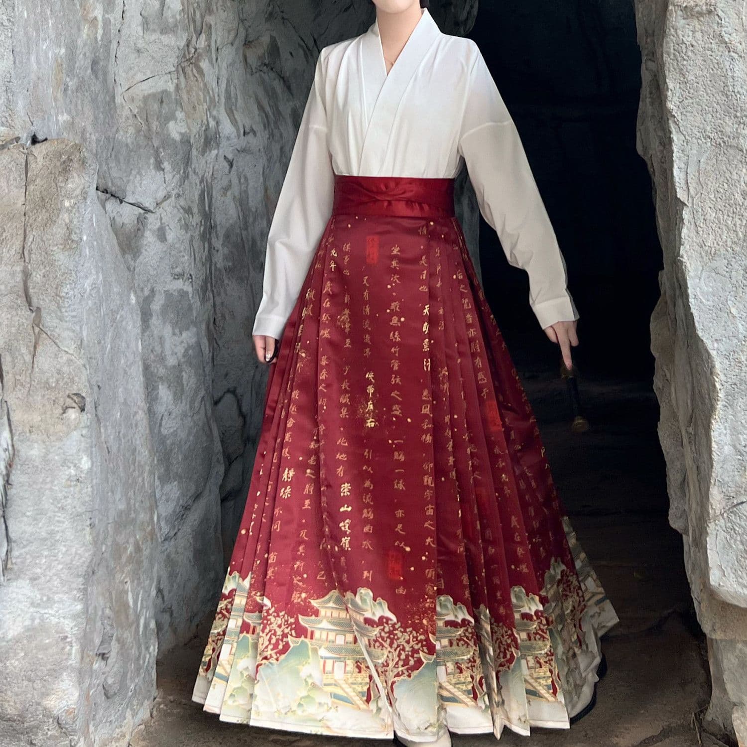 Original "Gazing at Yueyang" Ming-style Printed Airplane Sleeve Chinese-style Horse-face Skirt Hanfu for Women, Spring/Autumn Daily Commute