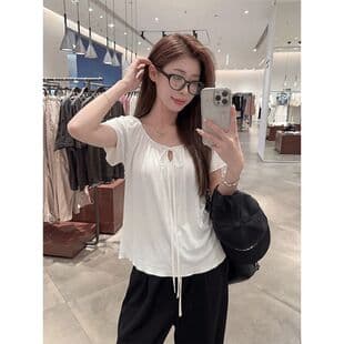 Designer Chic Lace-Up White Short Sleeve T-Shirt for Women, New Summer Korean Style Loose Casual Top