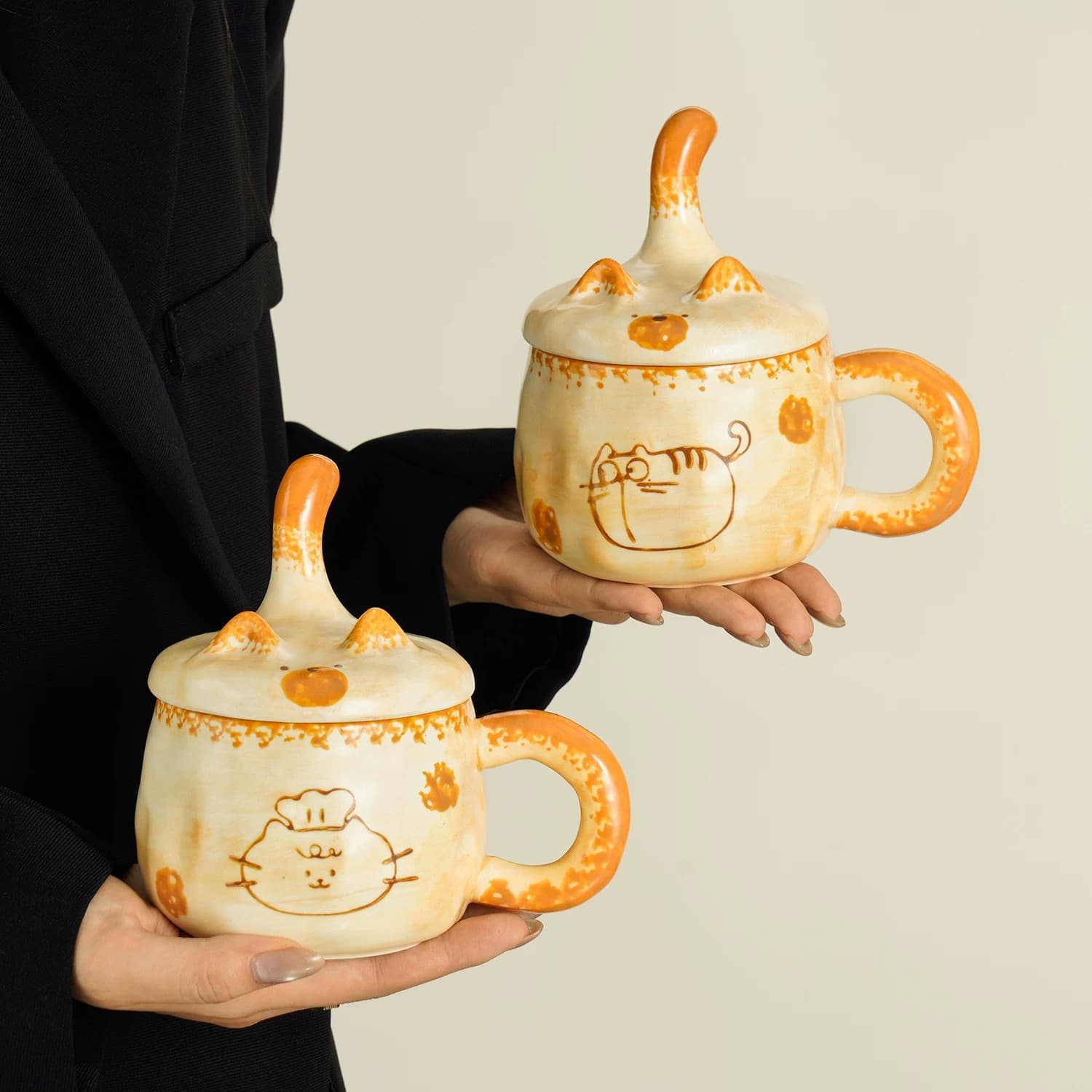 High-End Handmade Ceramic Cup with Lid, Cute Cat Mug, Home Water Cup, Large Capacity Coffee Flower Tea Cup