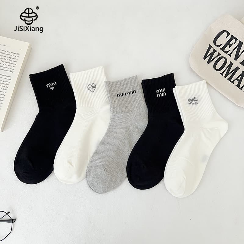 Jisiixiang Women's Summer Mesh Breathable Korean Style Smiley Face Mid-Calf Socks, Combed Cotton, Ins-Style Lettered Seamless Socks