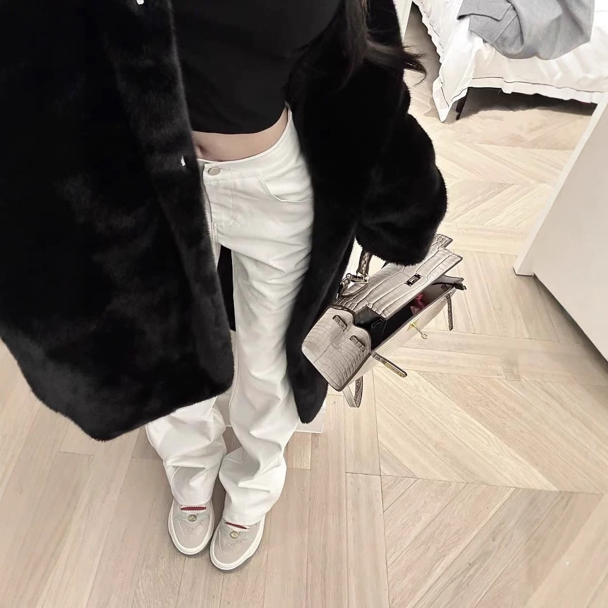 Du Exclusive American-Style White Textured Casual Pants V-Shaped Waist Leather Pants Women Autumn New High-Waist Straight-Leg Design Long Pants