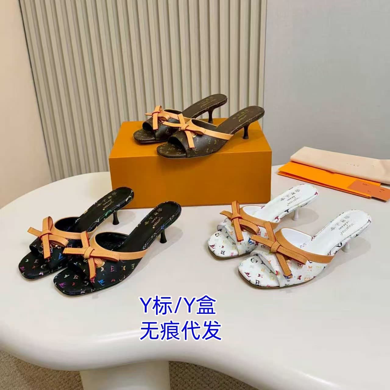 Cross-Border Foreign Trade Kitten Heel Butterfly Bow Outdoor Three-Color Print Donkey x Murakami Collaboration High Heels Sandals Slippers Women