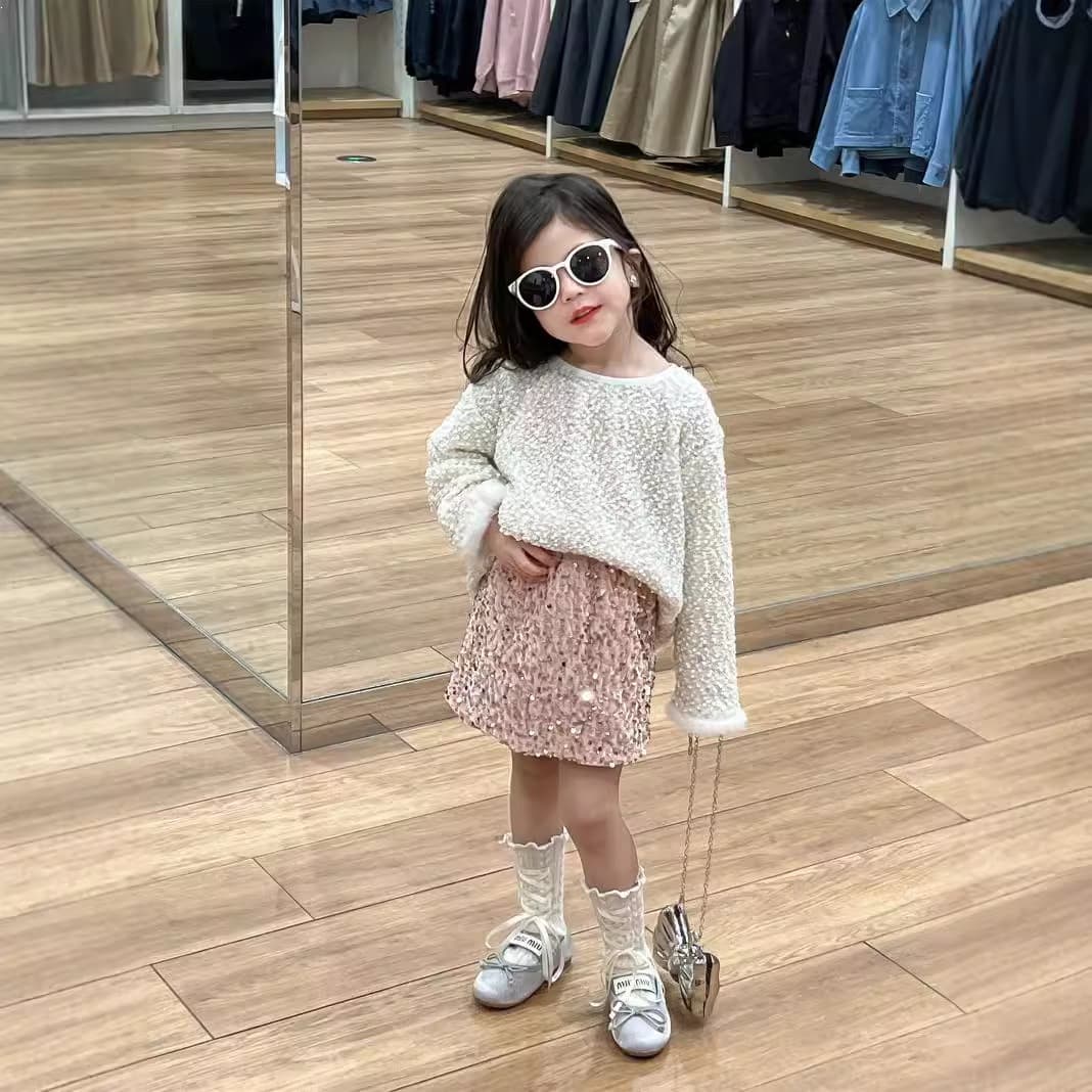 2026 Spring Autumn New Kids Korean Girls Sweet Sequin Top T-Shirt Baby Girls Sequin Skirt Short Skirt