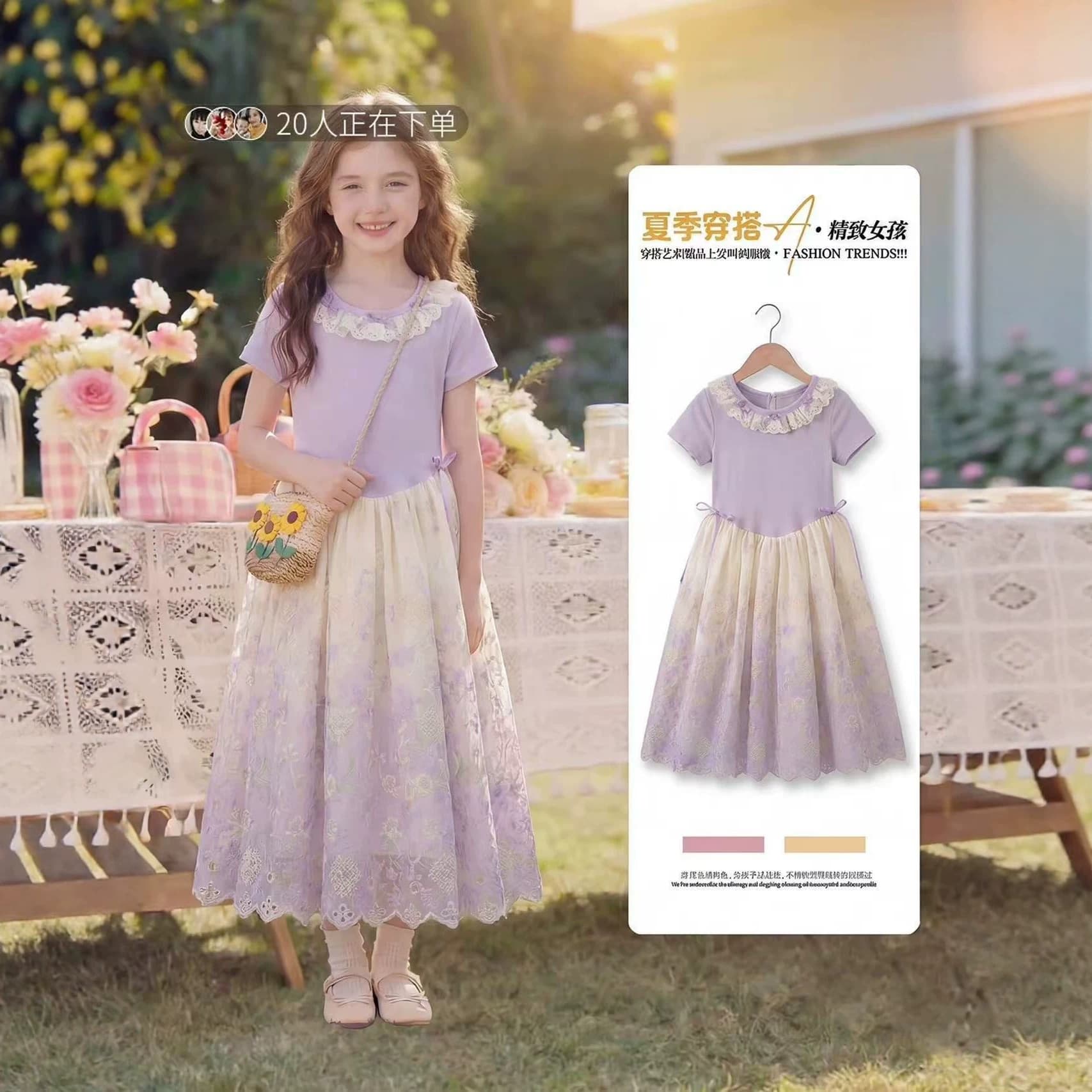 Girls Lace Collar Dress Summer 2026 New Children's Style Summer Dress Girls Super Floral Princess Dress Short Sleeves