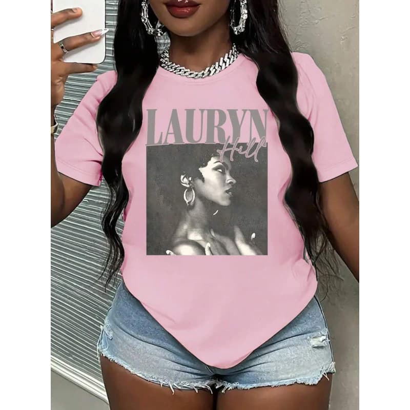 European Size Cotton T-Shirt Solva Plus Size Women Letter & Figure Graphic Round