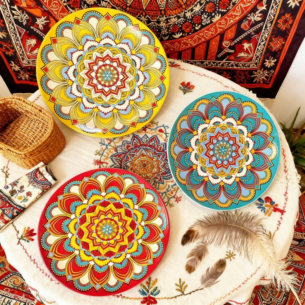 Bohemian Ceramic Decorative Plate Set with Exotic Patterns, Vintage Ethnic Style