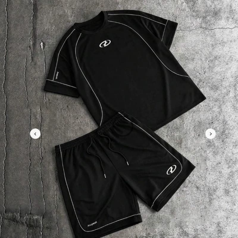 Summer Men's Motorcycle Style Color-Blocking Short-Sleeve Set with 3D Print, Loose-Fitting Sports Two-Piece Set, Exclusively for Cross-Border Wholesale