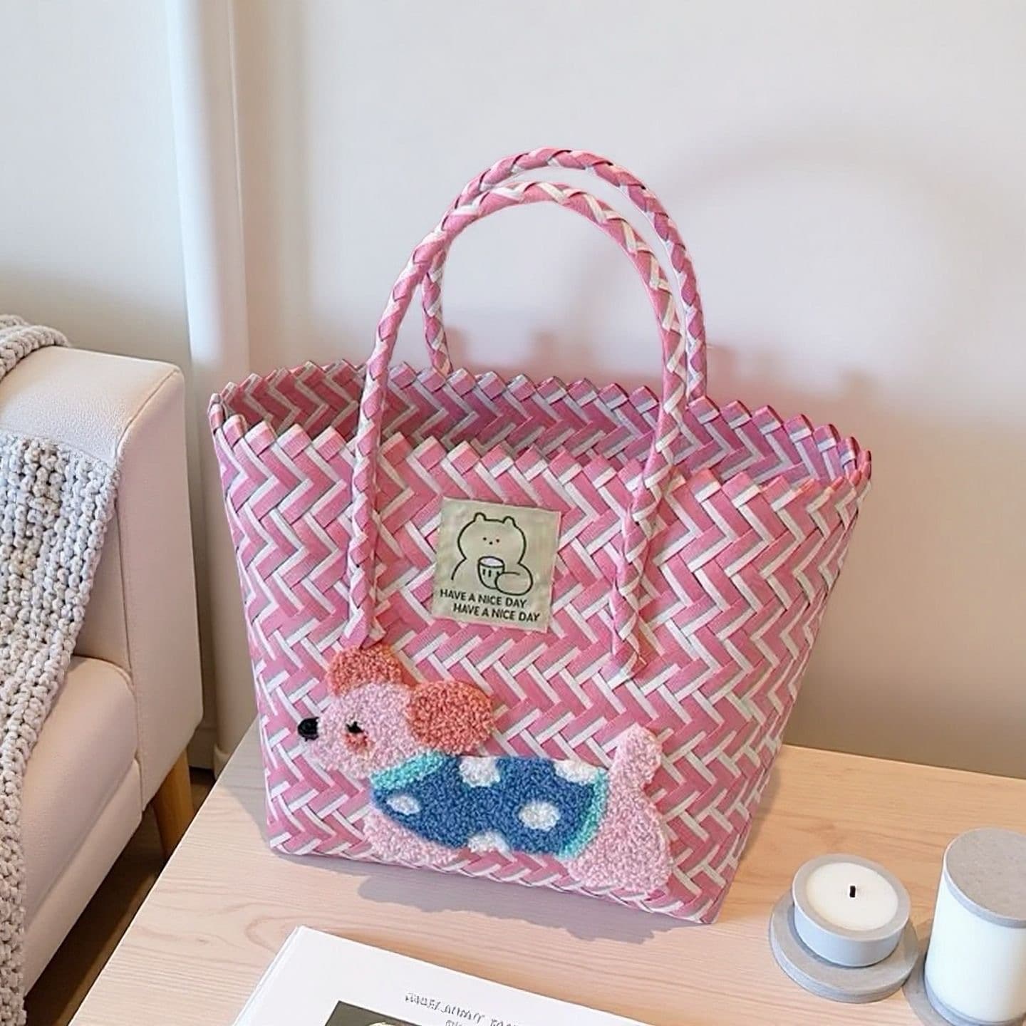 Large Capacity Dachshund Handwoven Basket Bag, Rattan Woven Tote, Work Commuter Bag, Picnic Women's Bag