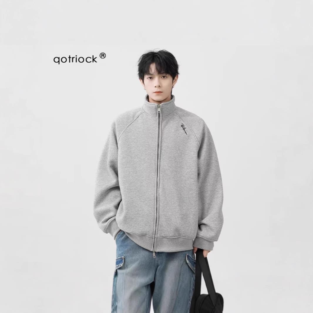 Autumn/Winter Men's Korean Retro Solid Color Stand Collar Casual Jacket Men's Trendy American Loose Zip-Up Sweatshirt Jacket
