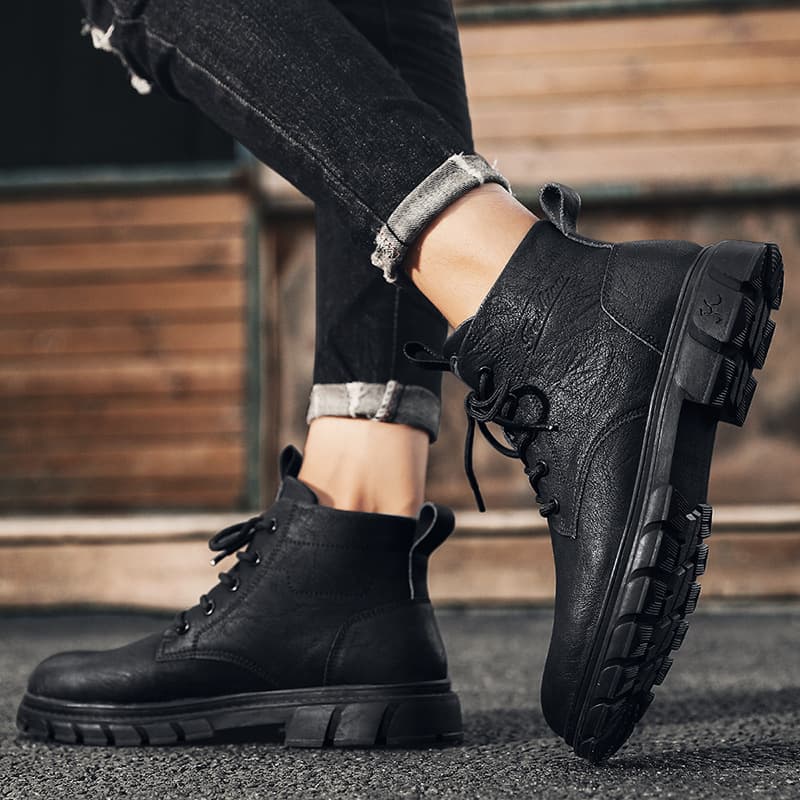 Men's Martin Boots 2025 New Autumn High-Top British Style Genuine Leather Mid-Top Thick-Soled Black Work Boots
