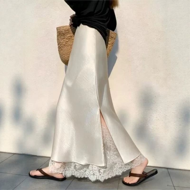Champagne Acetate Satin Skirt for Women Summer 2026 New High-End Luxury Lace Patch Split Pencil Skirt