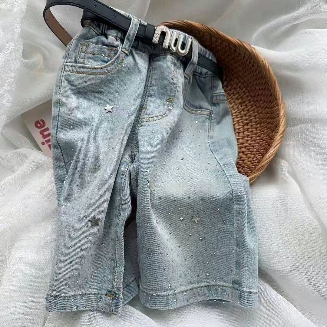 Girls Summer Rhinestone Denim Capri Pants 2026 Korean Style Toddler Casual Straight Leg Pants Baby Girl Fashion Capri Pants