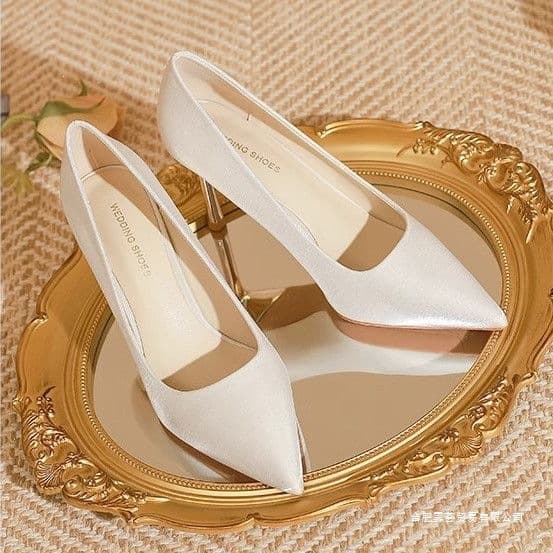 Summer French Style White High Heel Women's Wedding Shoes Bride New Two-Wear Pointed Toe Single Shoes Bridesmaid Split Toe Professional Shoes