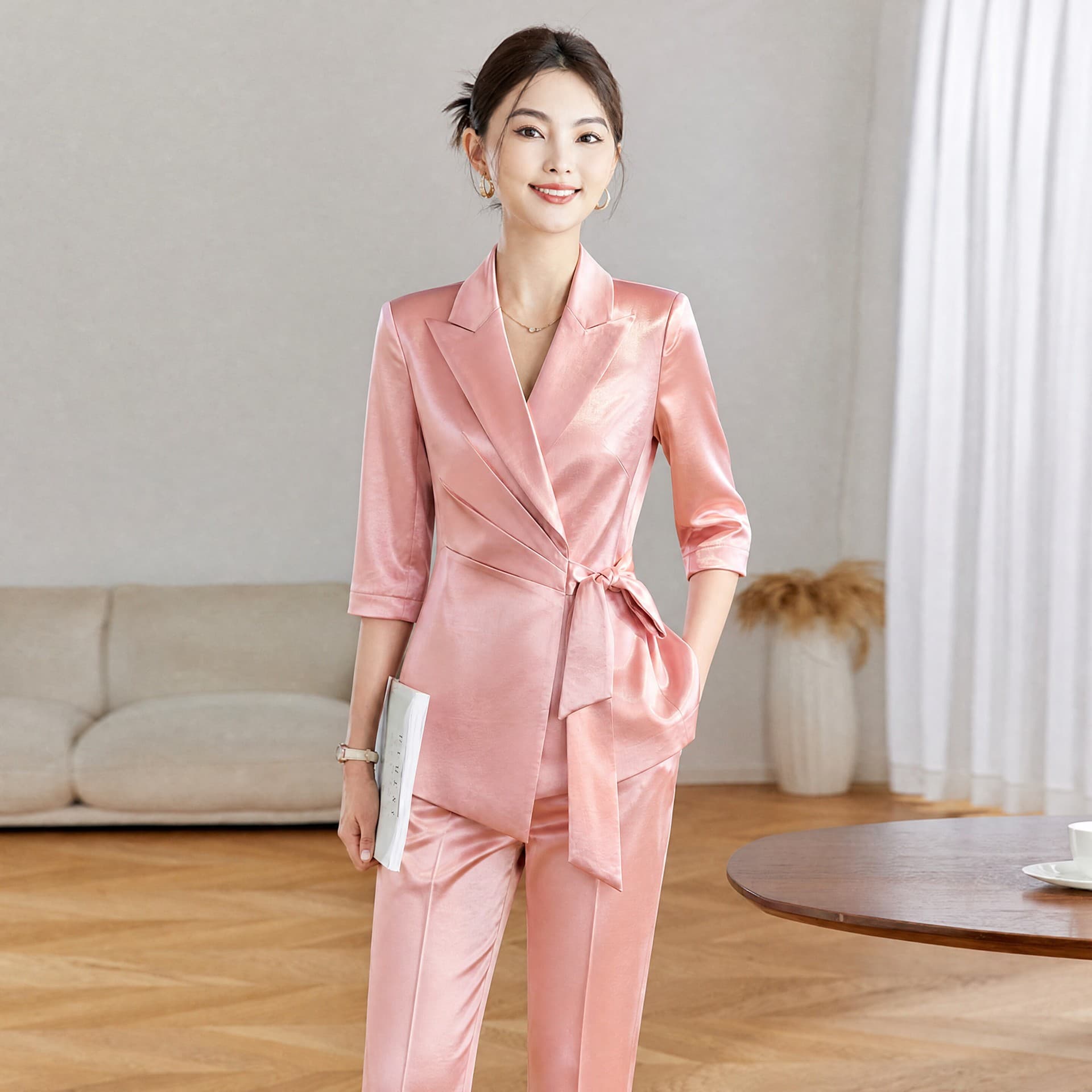 Pink acetate satin suit for women, three-quarter sleeves, tie waist, host formal wear, temperament, commuting career