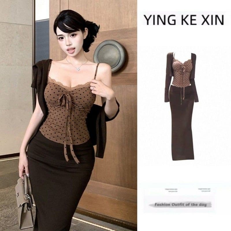 Light and mature style, royal sister style, expensive suit for women, autumn and winter outer cardigan, lace polka dot tube top, hip skirt, three-piece set