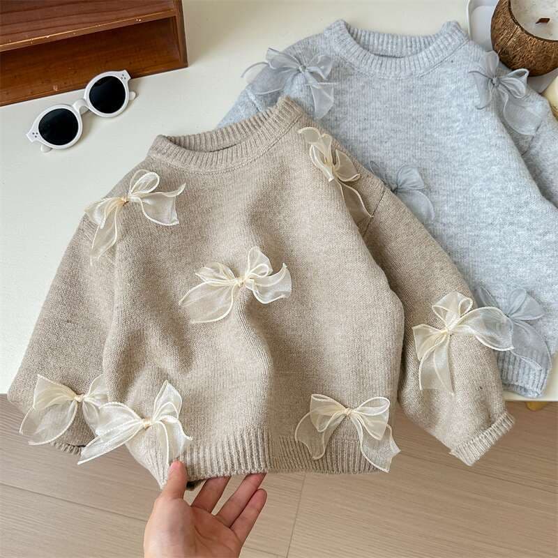 Tian Xiaosi Korean Kids Sweater Spring Autumn New Stylish Girls Korean Fashion Children Bow Knit Top