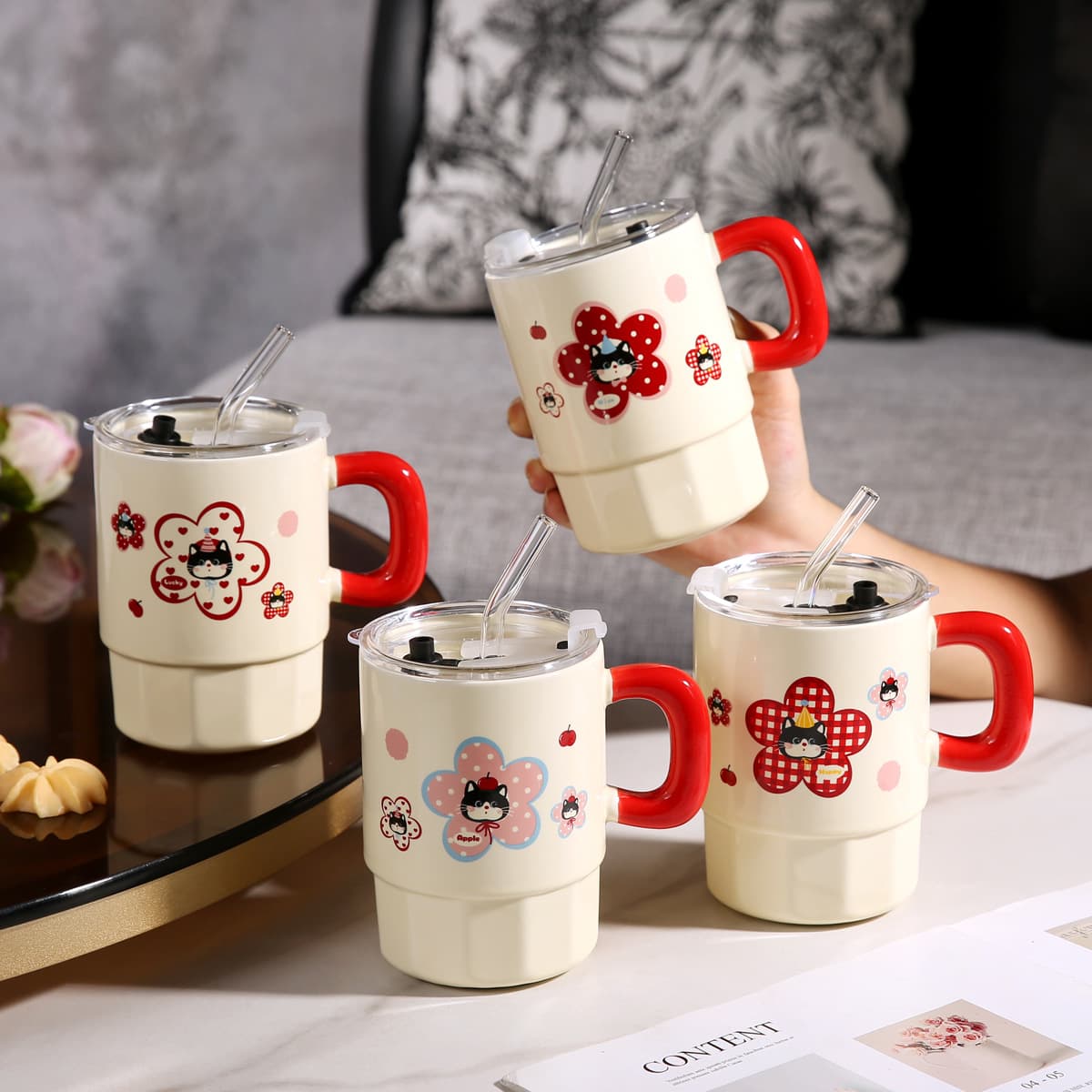 Cartoon Creative Ceramic Mug with Lid, High Appearance, Household Breakfast Straw Cup, Souvenir Gift, Wholesale
