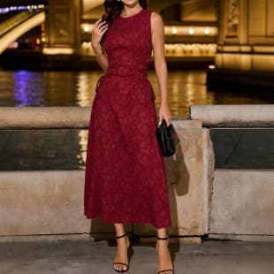 Cross-Border Premium Wine Red Jacquard Dress, Fitted Tie Waist A-Line Maxi Party Evening Gown
