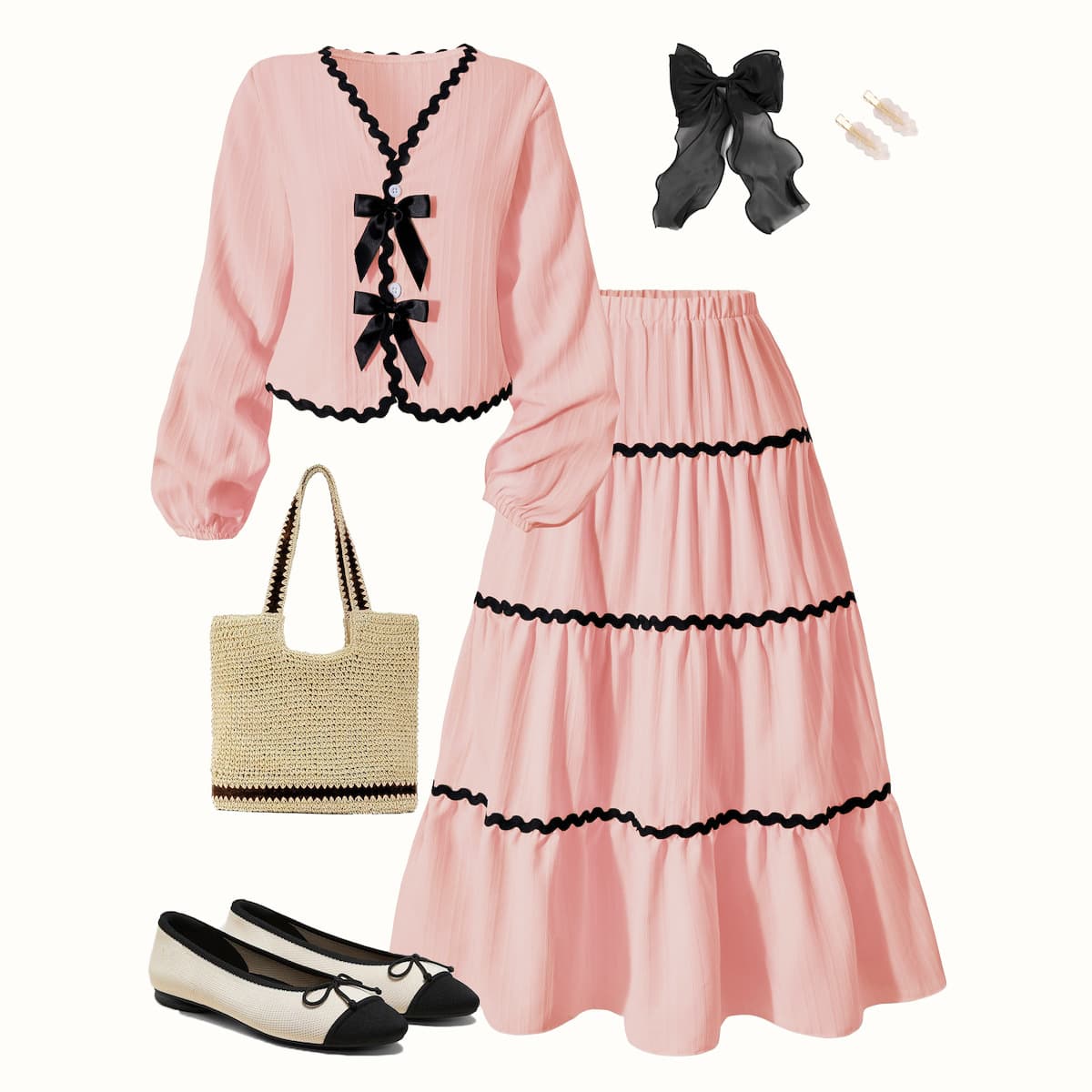 European and American Girls' Spring New Fashion Solid Color V-Neck Bow Long Sleeve Blouse Sweet Skirt Little Chanel Style