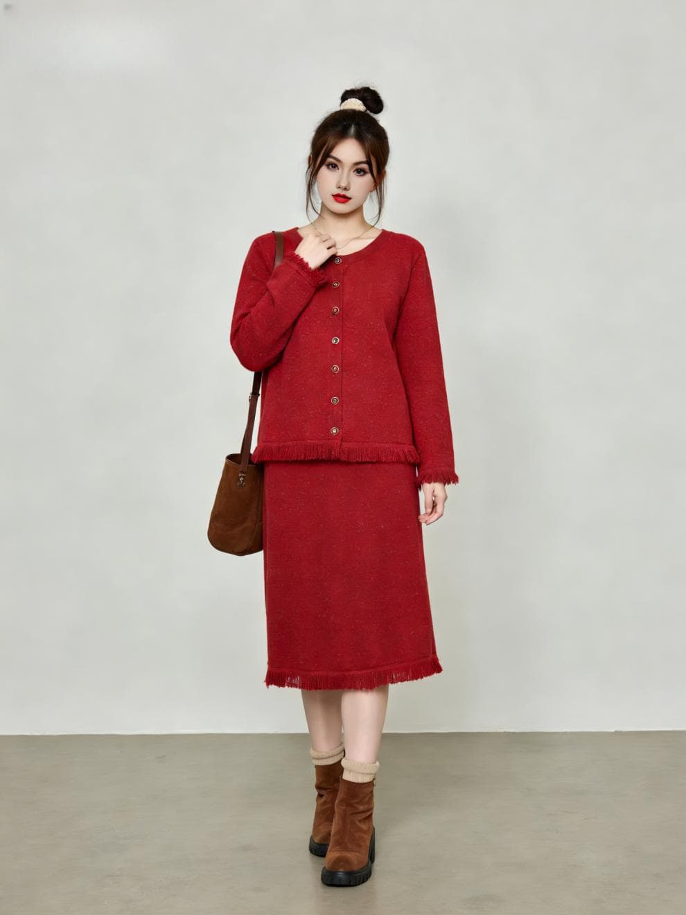 Plus Size Women's Fringe Knit Set 2025 Winter Fat mm Elegant Loose Cardigan and Skirt Two-Piece Set 23118