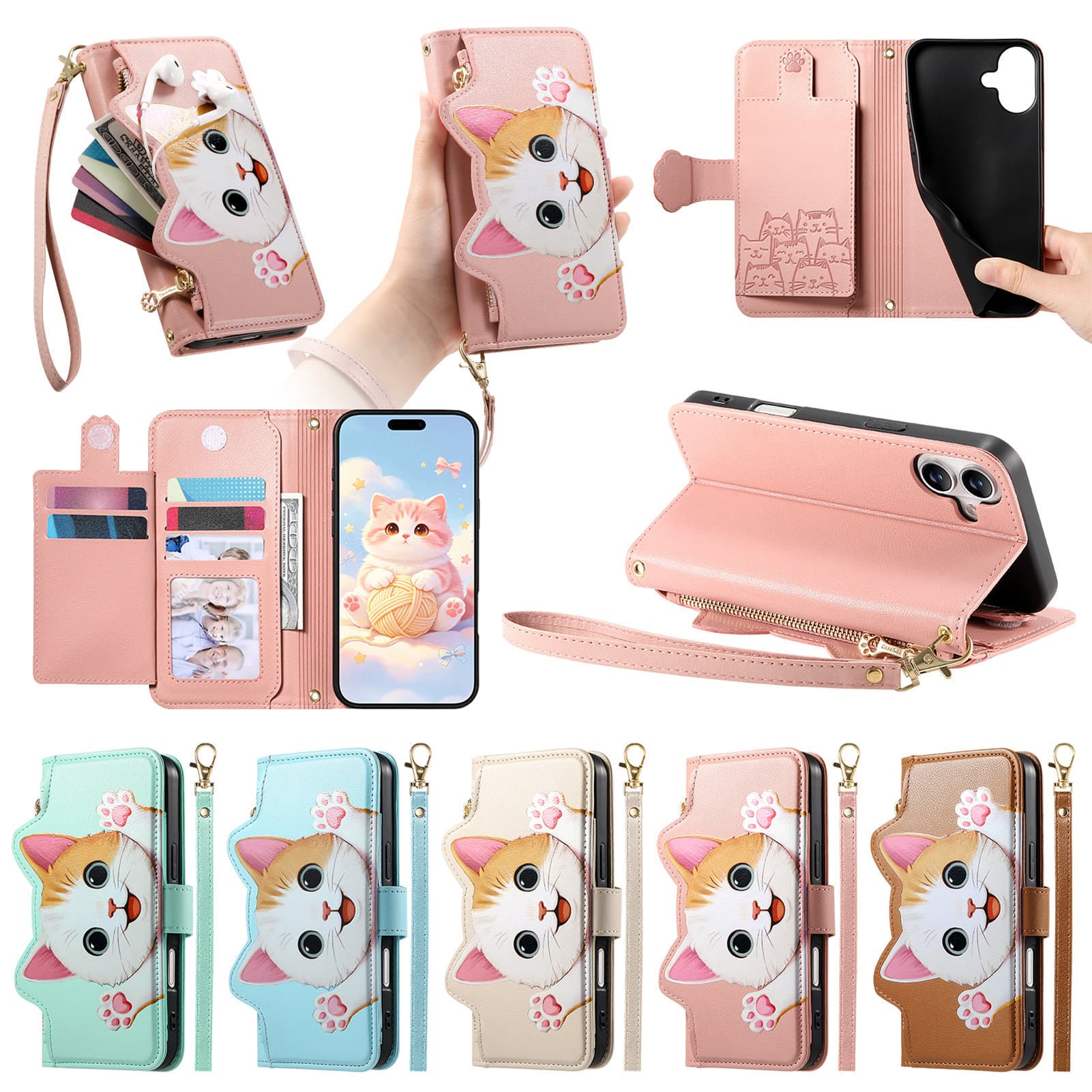 New Compatible with Apple 18 Flip Cat Phone Leather Case Wrist Strap Crossbody Hand Strap iPhone18 Protective Case 16 Case
