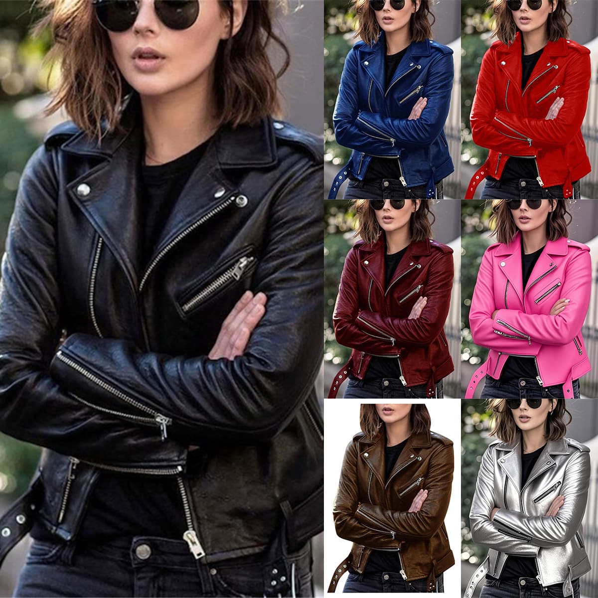 Women's Short Biker Style PU Leather Jacket Spring Autumn Winter Fashion Slim Fit Coat Rivet Decoration Full Sleeve Coat