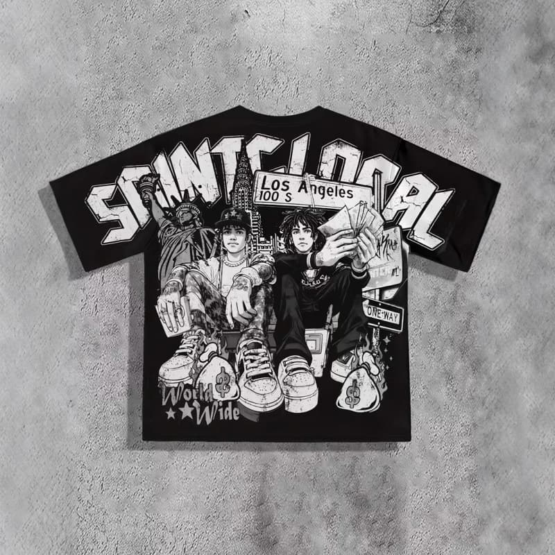 Cross-border Temu Hot Selling Men's Summer Black Street Style Urban Art Loose Breathable Printed T-Shirt