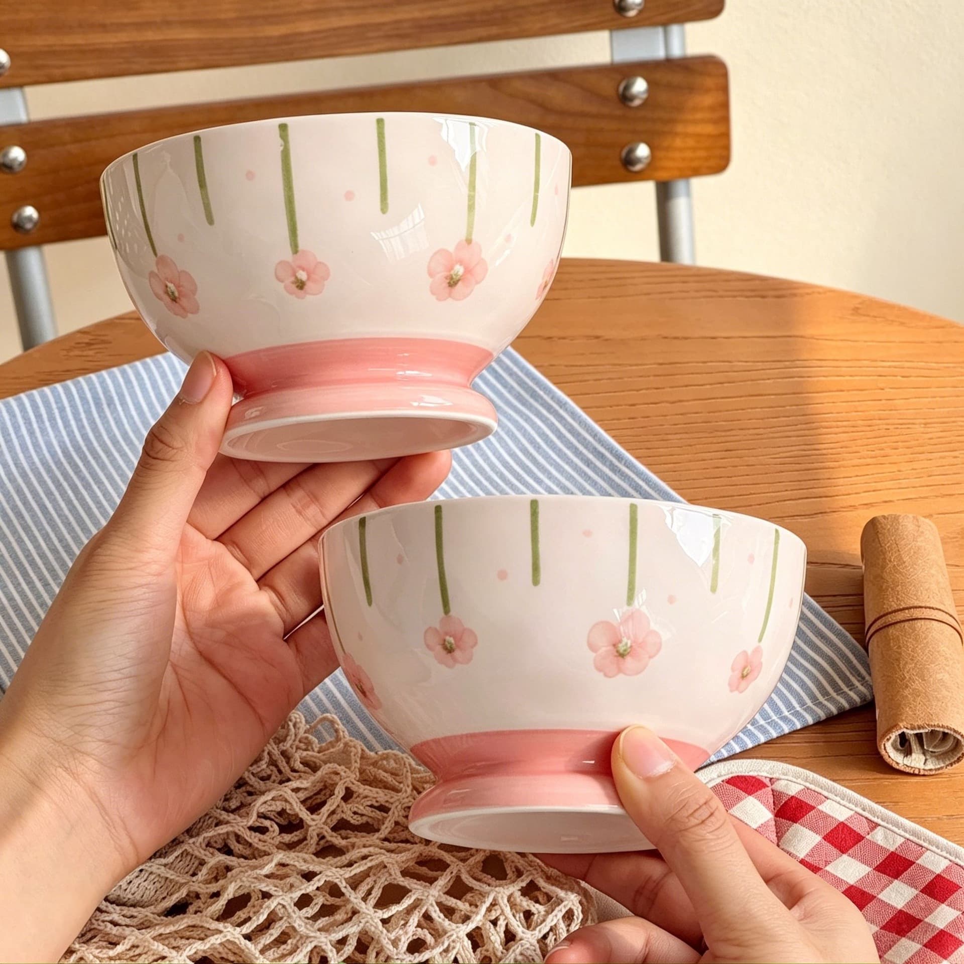 Flower Girl Pink Hand-painted Ceramic Rice Bowl Tall Bowl Tableware Underglaze Color Microwaveable Soup Bowl Dessert Bowl Cute