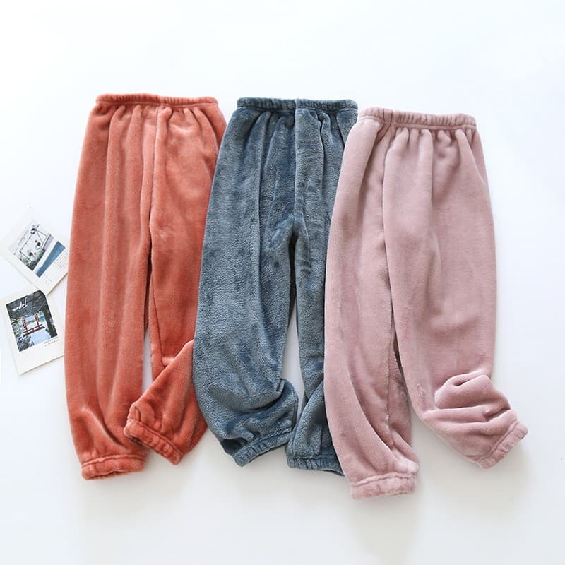 Autumn/Winter New Children's Flannel Sleep Pants, Fleece-Lined Thick Coral Fleece Mid to Large Kids' Sleep Pants, Cuffed Home Pants