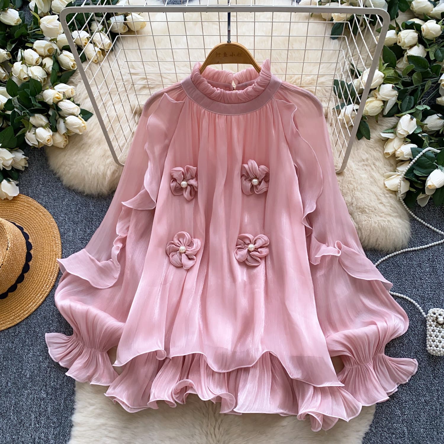 French gentle style three-dimensional flower ruffle shirt for women summer loose long-sleeved lantern sleeve age-reducing temperament top