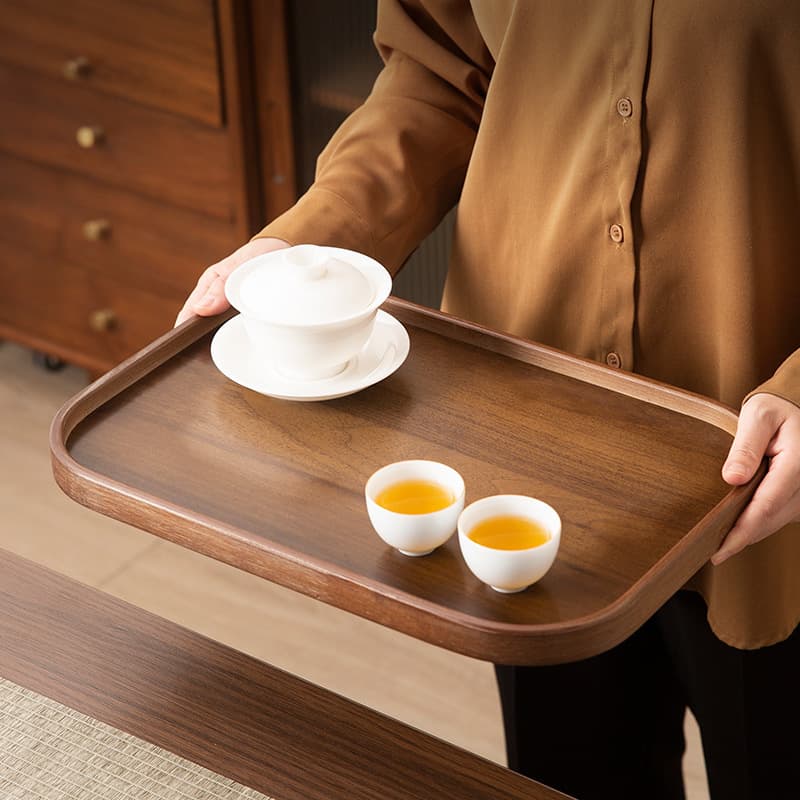 Black Walnut Rectangular Serving Tray with Handles for Home Living Room Coffee Table Snack Plate Storage