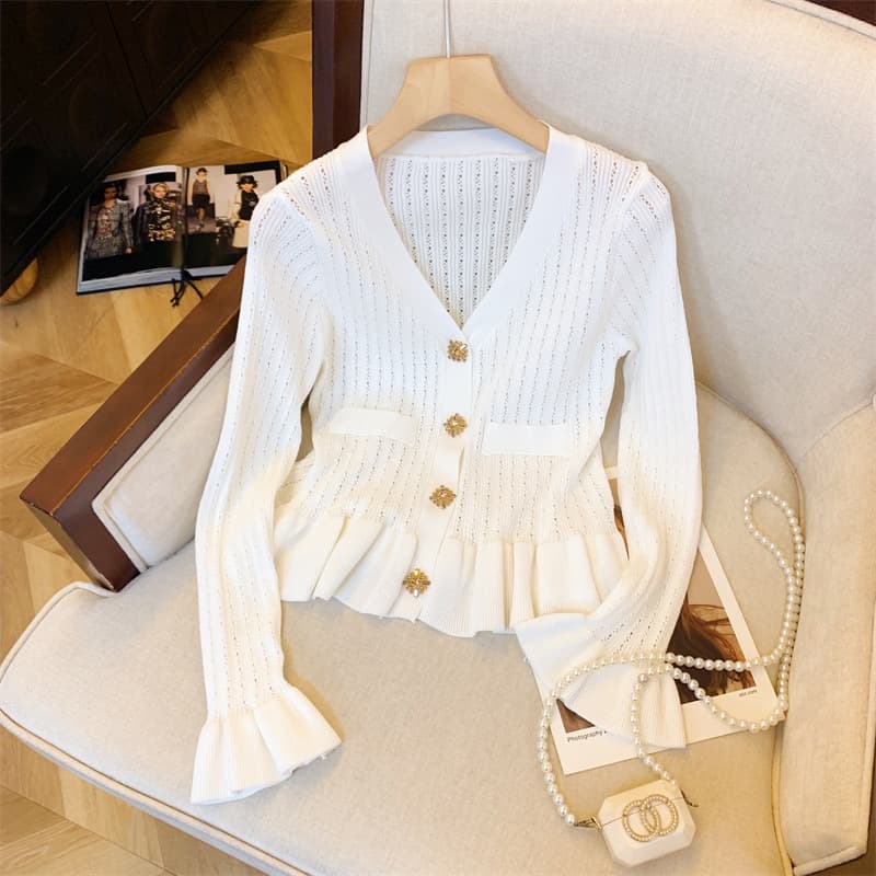 Chanel-style Hollow Lace Ruffle V-Neck White Knit Cardigan for Women, New Fall Design, Chic and Beautiful Top