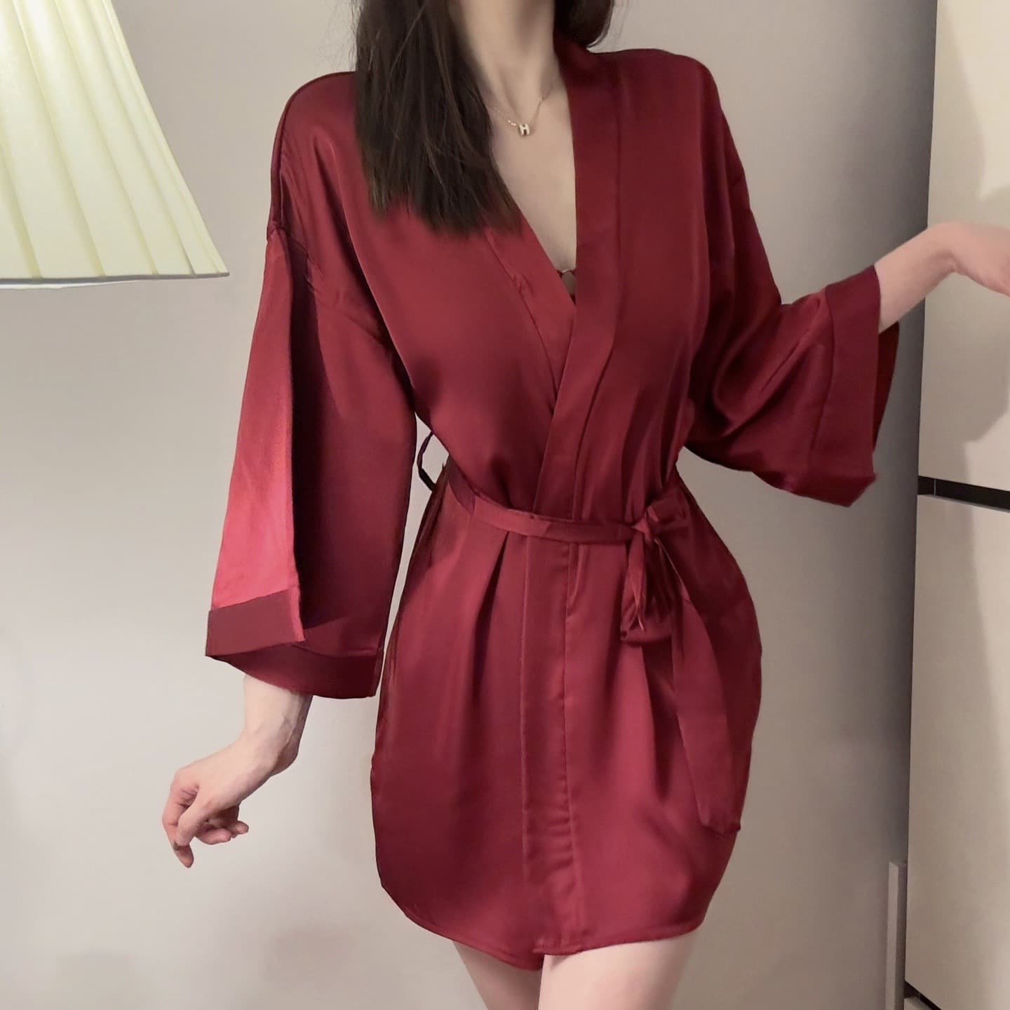 Night Fun Summer Sexy Pajamas Satin Thin Cardigan Lace-up Nightgown Large Size Bathrobe Home Clothes Nightgown Women's Suit