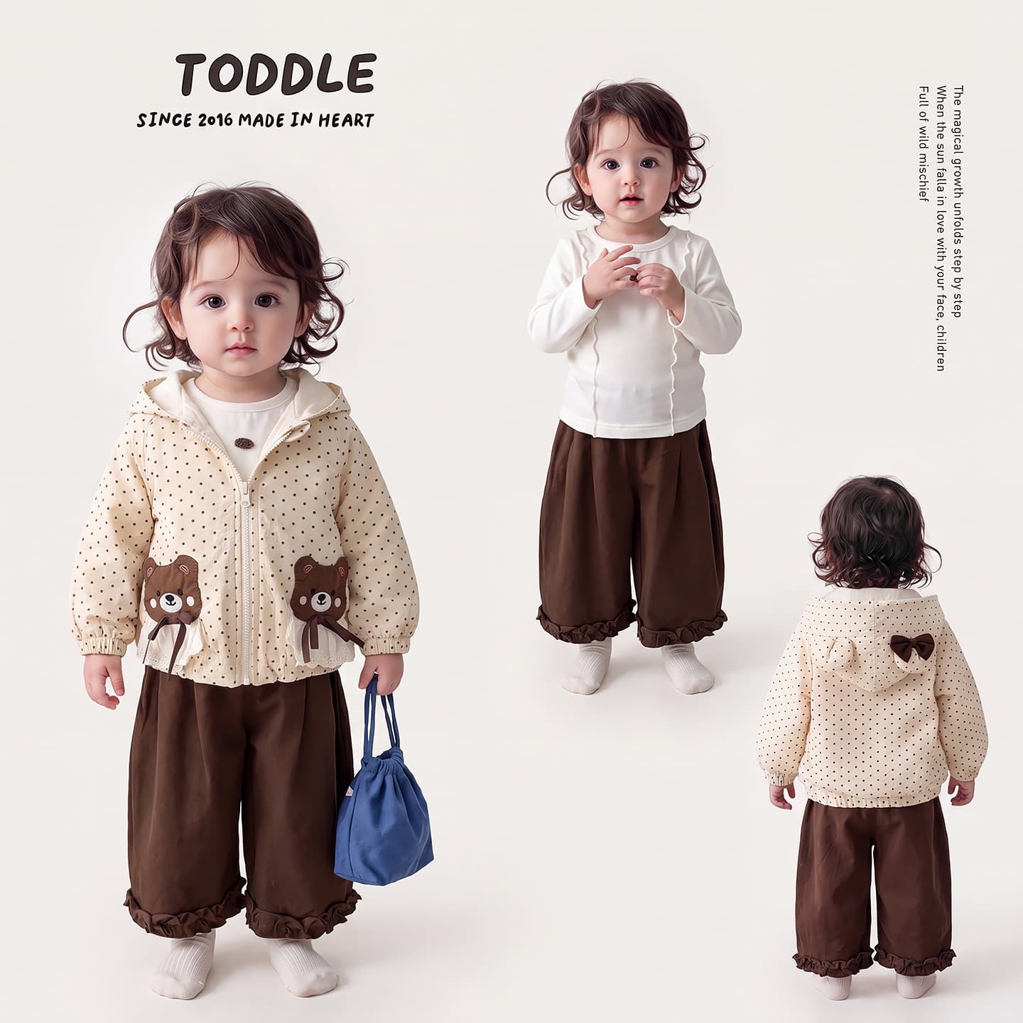 Autumn Cute Girls' 3-Piece Outfit Set Baby Hooded Polka Dot Jacket Base Layer Top Pants Toddler Clothes