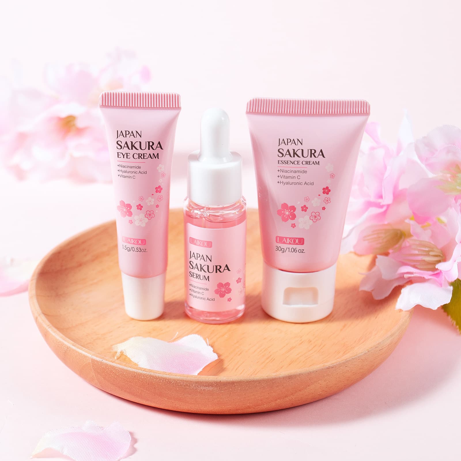 LAIKOU Sakura Skincare Set 3pcs Hydrating Moisturizing Facial Products for All Skin Types General Usage Cosmetic
