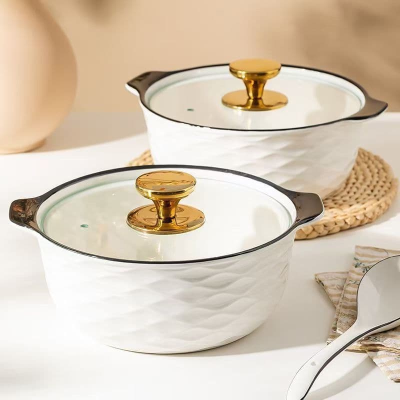 Large Soup Bowl with Lid and Double Handles, Fresh Diamond High-Appearance Ceramic Bowl, Rib Soup Bowl, High-Appearance Tableware